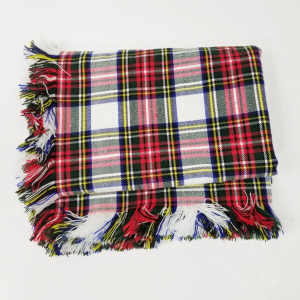 A Stewart Dress Homespun Tartan Blanket/Throw - 2 Yards with fringes on a white surface, reminiscent of Stewart dress.