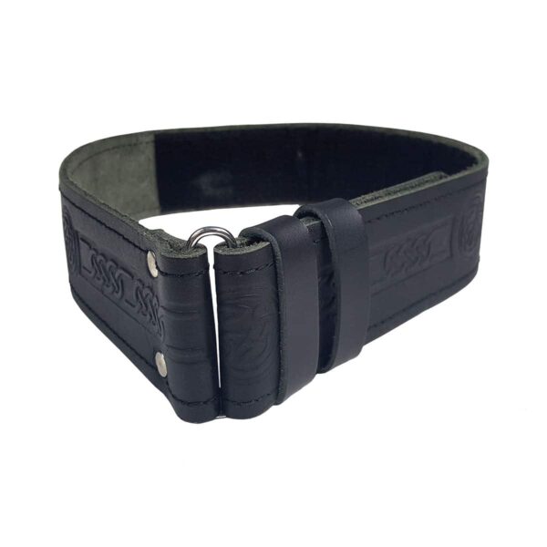 A Standard Celtic Embossed Leather Kilt Belt with a Celtic embossed buckle.