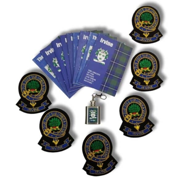 A stunning display showcases a collection of Armstrong Clan patches, kilts, and a small flask arranged in a circular formation on a white background, subtly nodding to the rich heritage shared with the Irvine Clan.