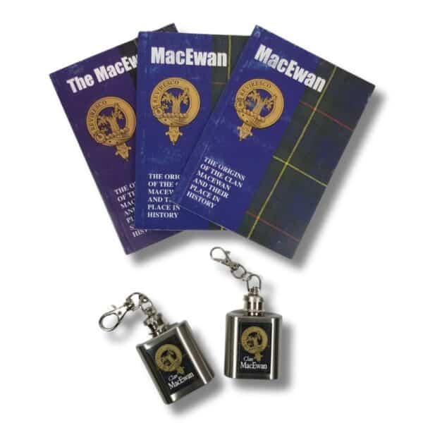 Three history booklets with tartan covers and two small metal flasks with keychains, all featuring the Armstrong Clan crest design. Perfect for any enthusiast of clan heritage and the storied past of the Armstrong Clan.