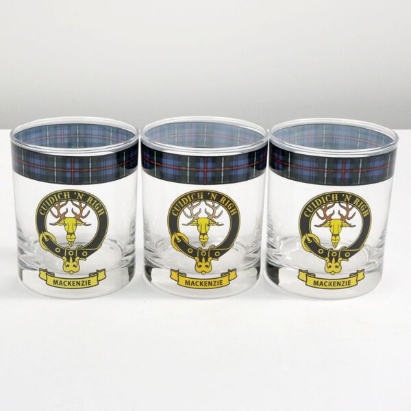 Three Thomson Clan Crest Tartan Whisky Glasses.